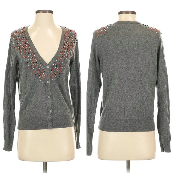 Anthropologie MOTH Gray Pom-Pom Cardigan Sweater Cotton Cashmere Blend Size M - Picture 4 of 11